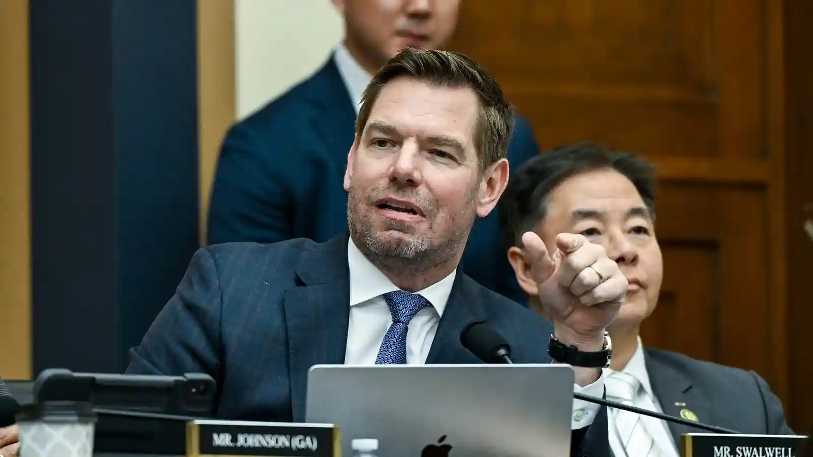 Eric Swalwell speaking during a congressional hearing as misconduct allegations surface