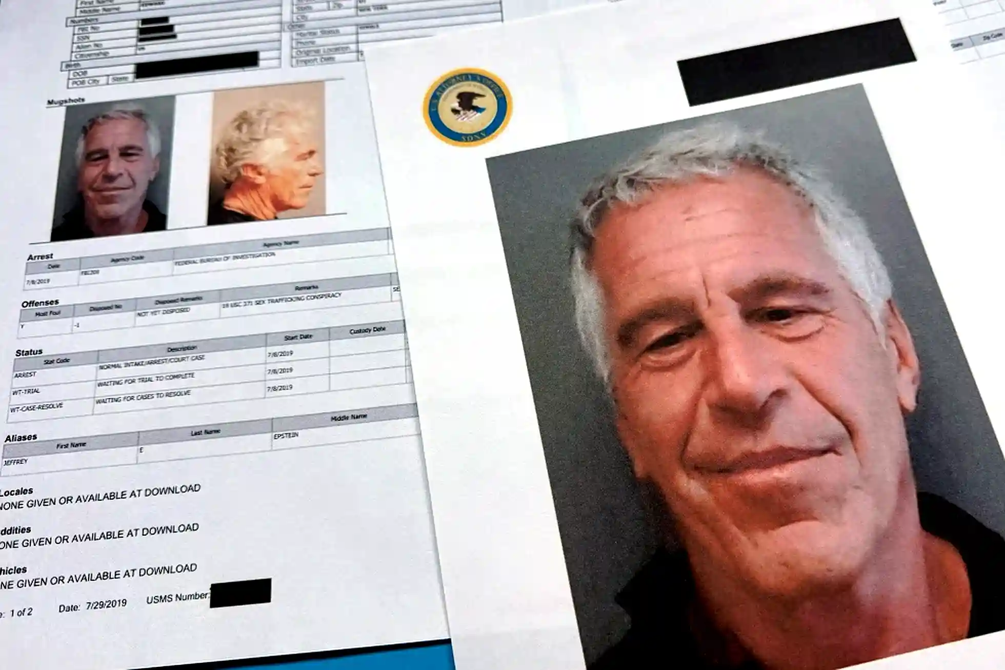 Jeffrey Epstein FBI investigation files with mugshots and Justice Department case documents