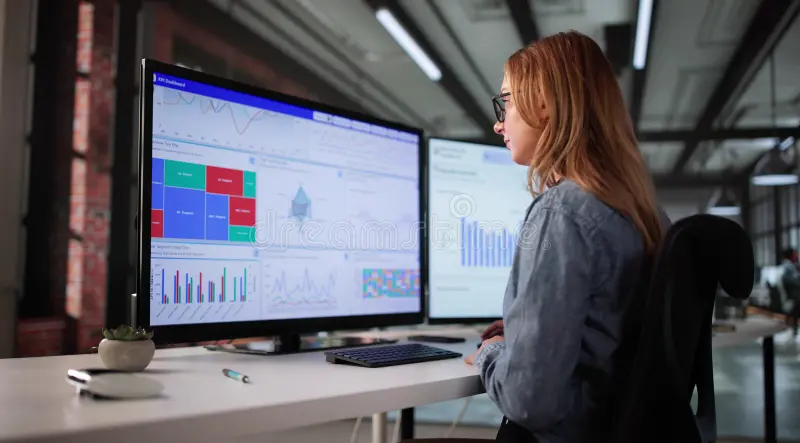 Financial analyst reviewing digital dashboards showing business spending and cash flow insights