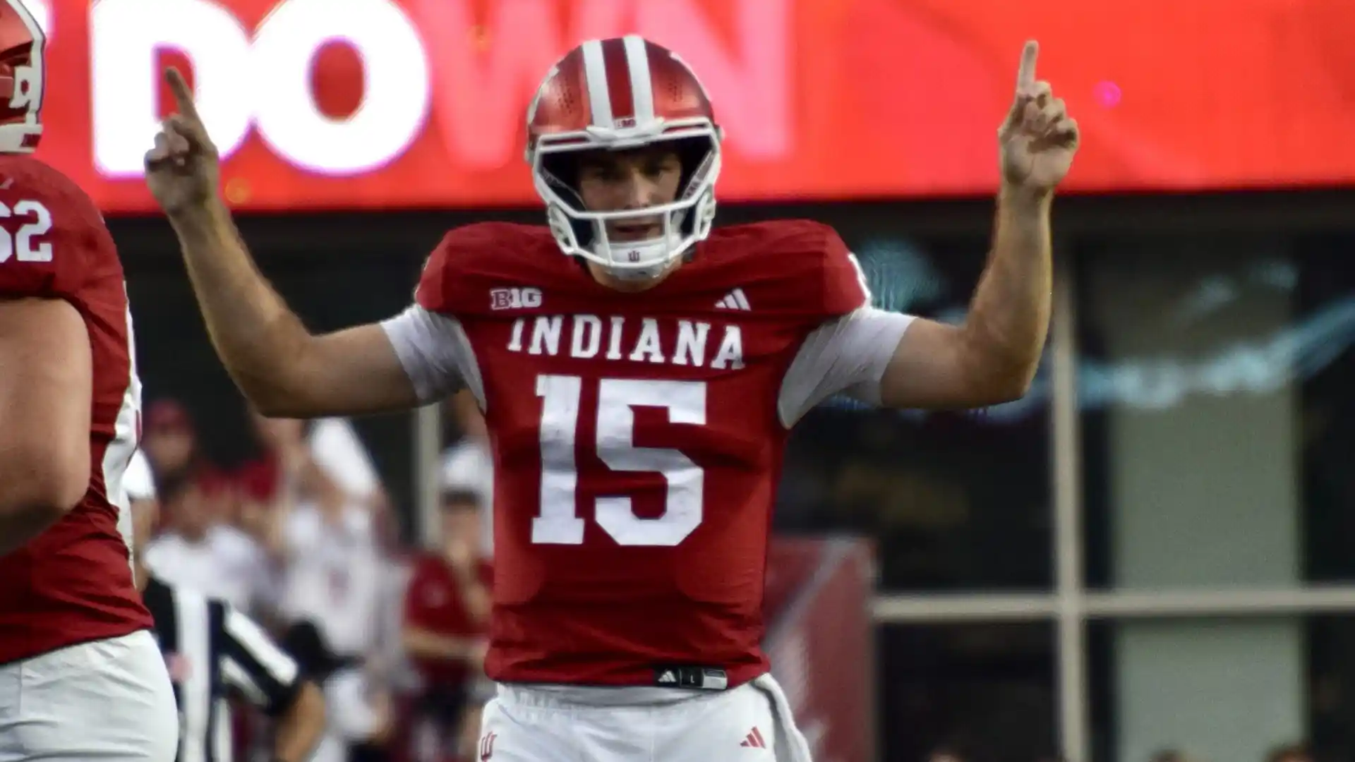 Fernando Mendoza celebrating after a touchdown during an Indiana Hoosiers football game