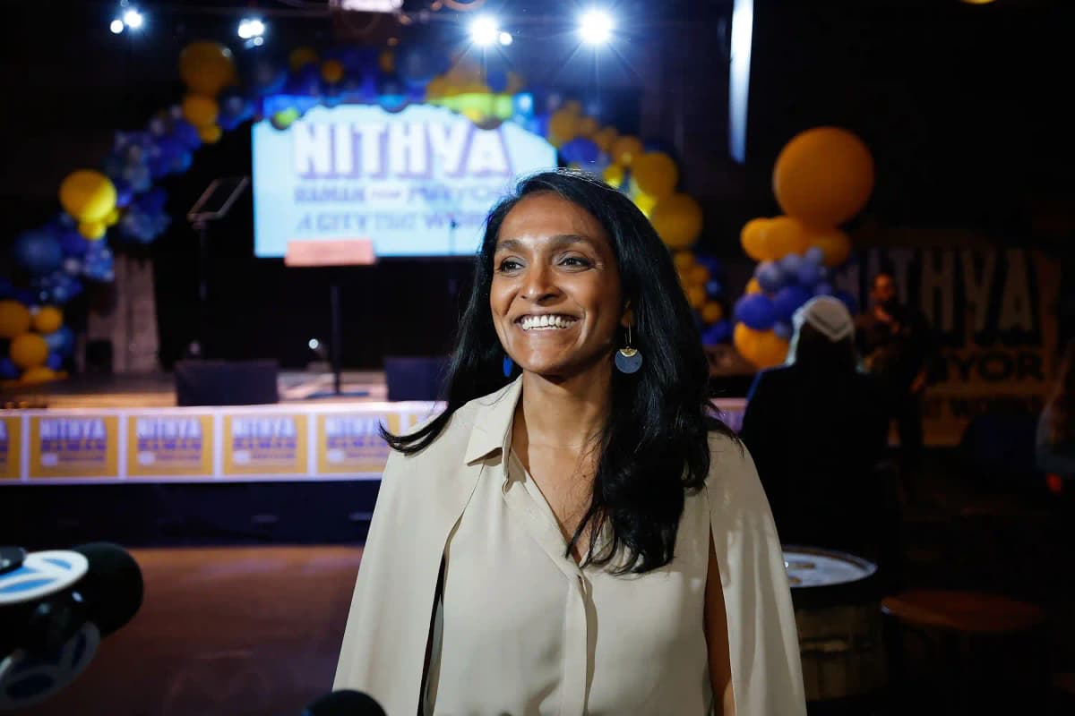Nithya Raman celebrates after taking the lead over Spencer Pratt in the Los Angeles mayoral primary race ahead of the November runoff election.