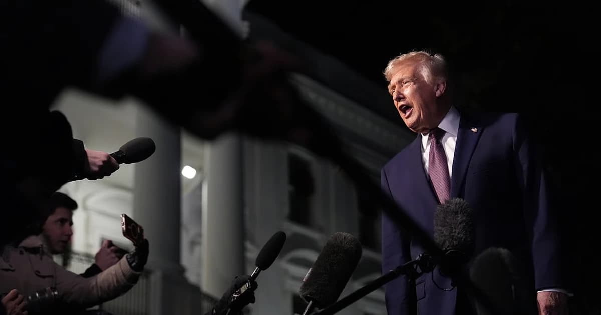 President Trump speaking to reporters at Mar-a-Lago, with a serious expression while discussing operations in Venezuela.